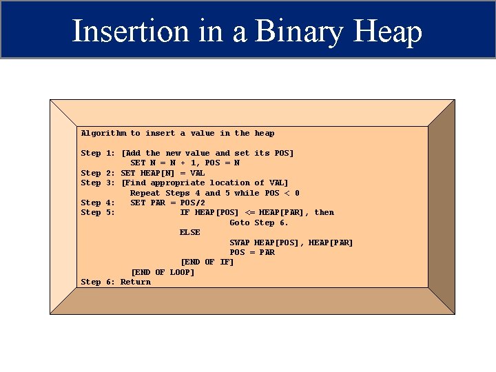 Insertion in a Binary Heap Algorithm to insert a value in the heap Step