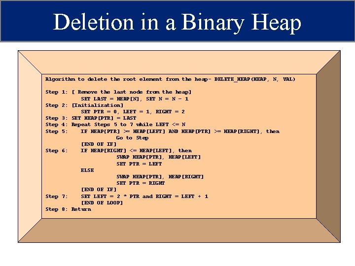 Deletion in a Binary Heap Algorithm to delete the root element from the heap-
