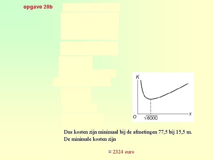 opgave 20 b geeft Dus kosten zijn minimaal bij de afmetingen 77, 5 bij