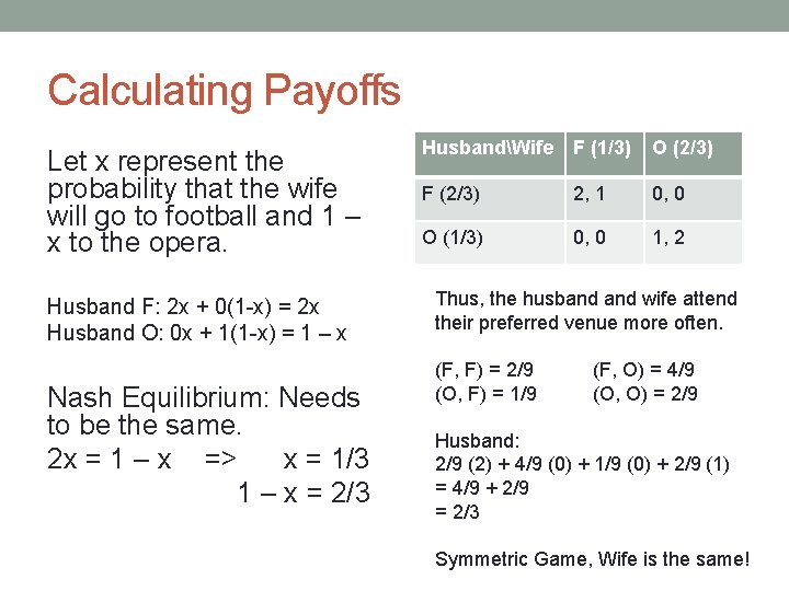 Calculating Payoffs Let x represent the probability that the wife will go to football