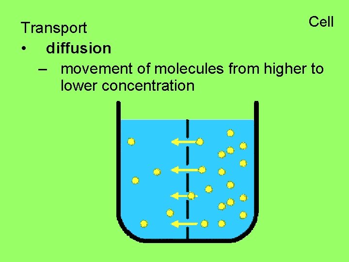 Cell Transport • diffusion – movement of molecules from higher to lower concentration 