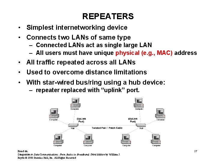 REPEATERS • Simplest internetworking device • Connects two LANs of same type – Connected