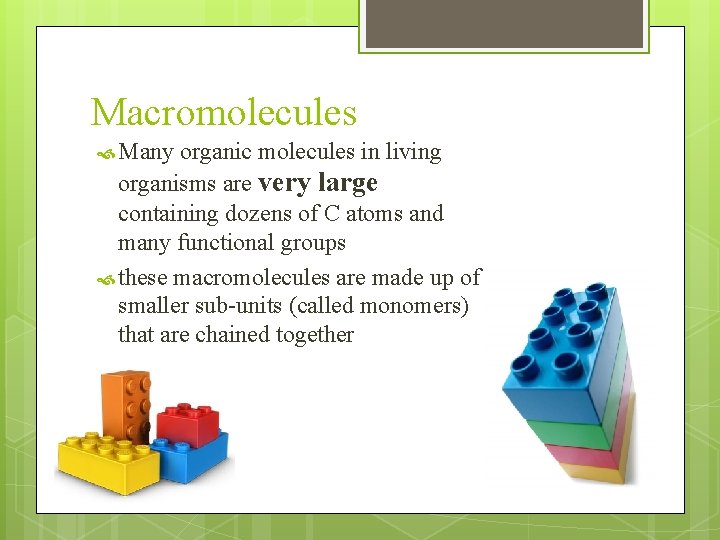 Macromolecules Many organic molecules in living organisms are very large containing dozens of C