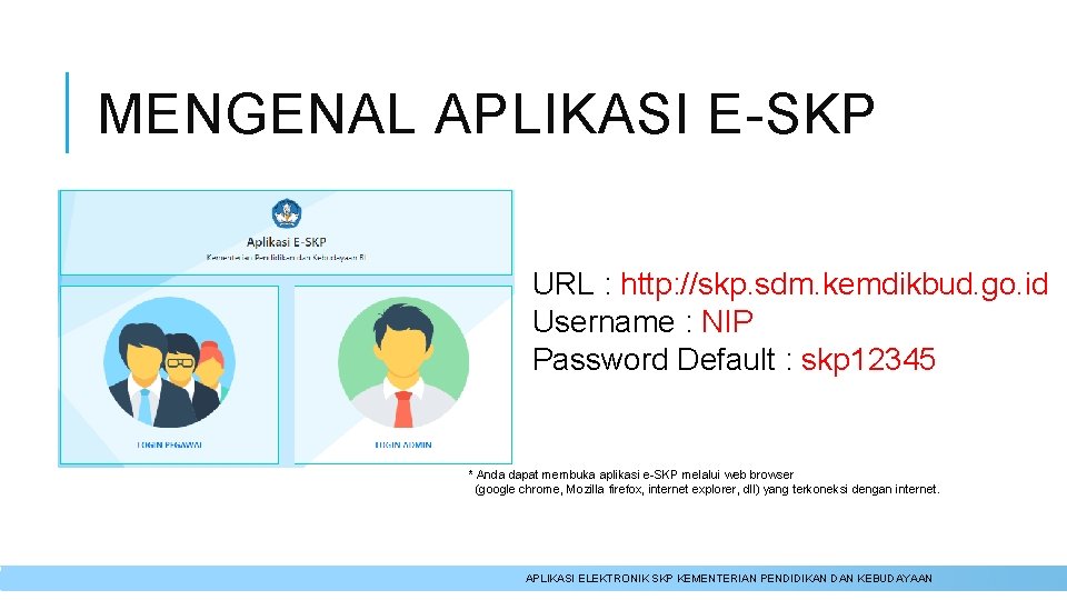 MENGENAL APLIKASI E-SKP URL : http: //skp. sdm. kemdikbud. go. id Username : NIP