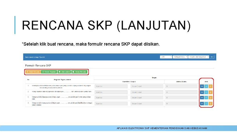 RENCANA SKP (LANJUTAN) *Setelah klik buat rencana, maka formulir rencana SKP dapat diisikan. APLIKASI