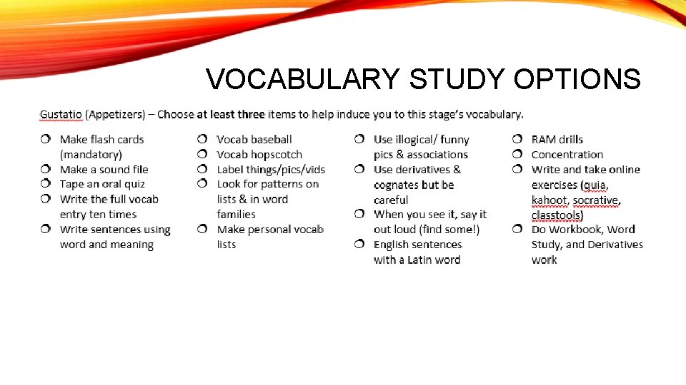 VOCABULARY STUDY OPTIONS  VOCABULARY STUDY OPTIONS