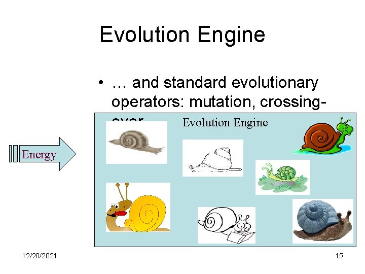 Evolution Engine • … and standard evolutionary operators: mutation, crossing. Evolution Engine over Energy