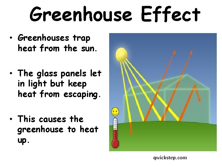 Greenhouse Effect • Greenhouses trap heat from the sun. • The glass panels let