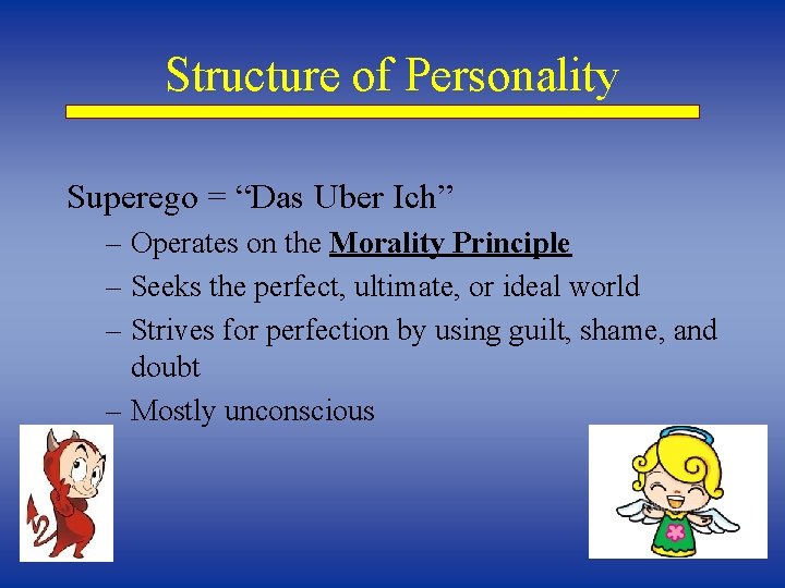 Structure of Personality Superego = “Das Uber Ich” – Operates on the Morality Principle