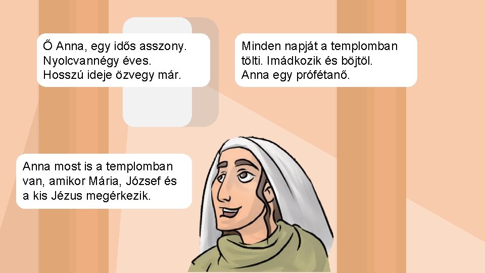 Ő Anna, egy idős asszony. Nyolcvannégy éves. Hosszú ideje özvegy már. Anna most is