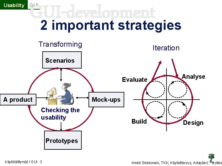 Usability GUI-development GUI 2 important strategies Transforming Iteration Scenarios A product Evaluate Analyse Build Usability GUI-development GUI 2 important strategies Transforming Iteration Scenarios A product Evaluate Analyse Build