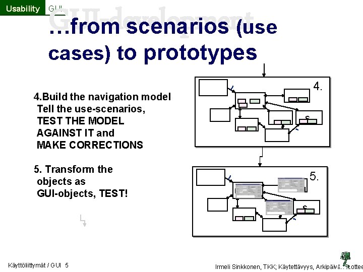 Usability GUI-development GUI …from scenarios (use cases) to prototypes 4. Build the navigation model Usability GUI-development GUI …from scenarios (use cases) to prototypes 4. Build the navigation model