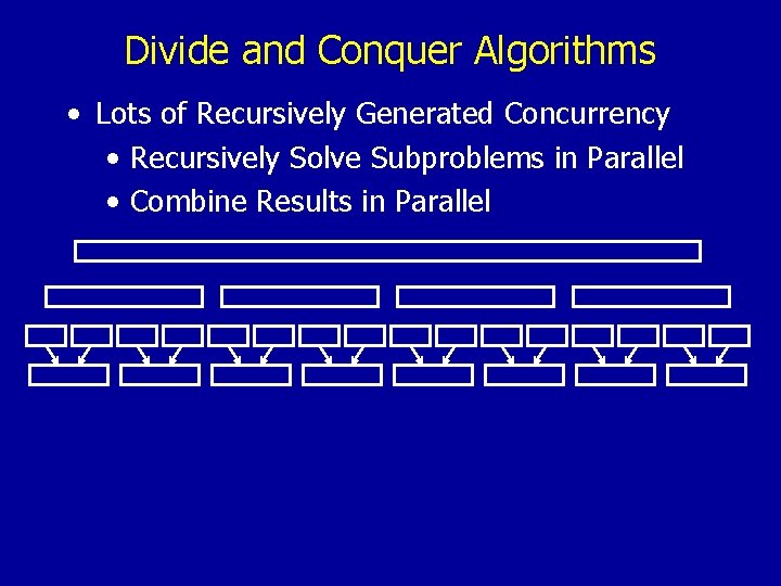 Divide and Conquer Algorithms • Lots of Recursively Generated Concurrency • Recursively Solve Subproblems