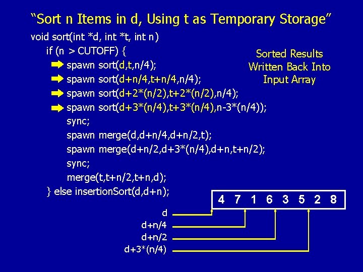 “Sort n Items in d, Using t as Temporary Storage” void sort(int *d, int
