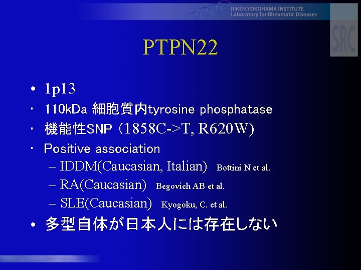 PTPN 22 • 1 p 13 • 110 k. Da 細胞質内tyrosine phosphatase • 機能性SNP