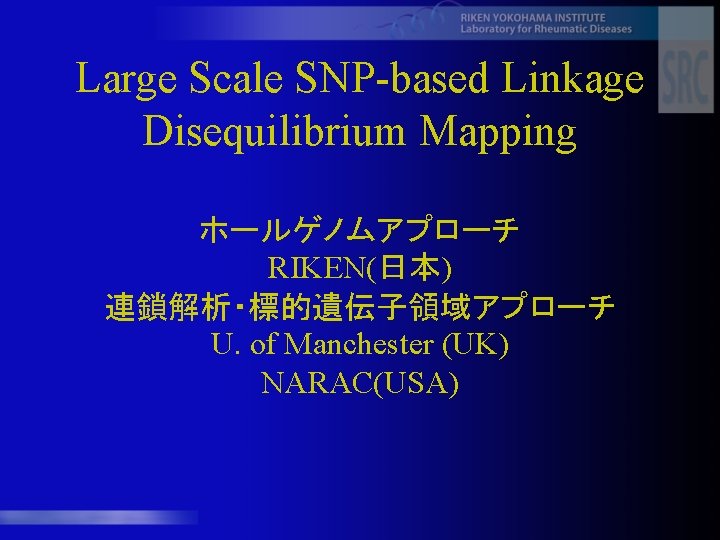 Large Scale SNP-based Linkage Disequilibrium Mapping ホールゲノムアプローチ RIKEN(日本) 連鎖解析・標的遺伝子領域アプローチ U. of Manchester (UK) NARAC(USA)