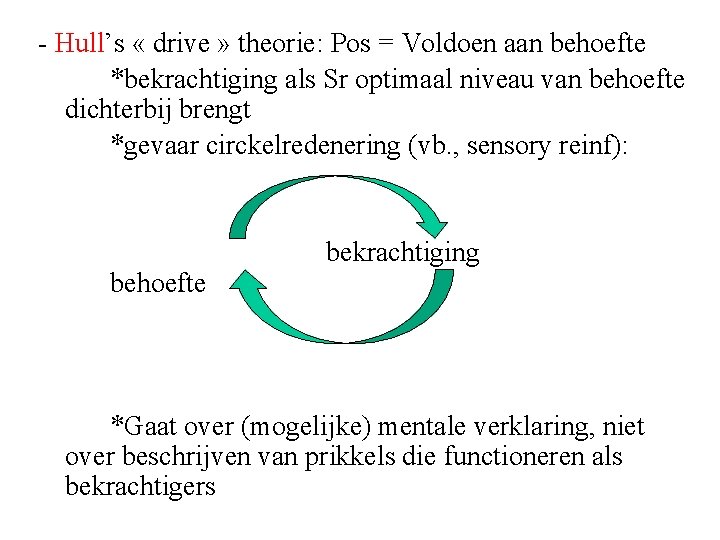 - Hull’s « drive » theorie: Pos = Voldoen aan behoefte *bekrachtiging als Sr