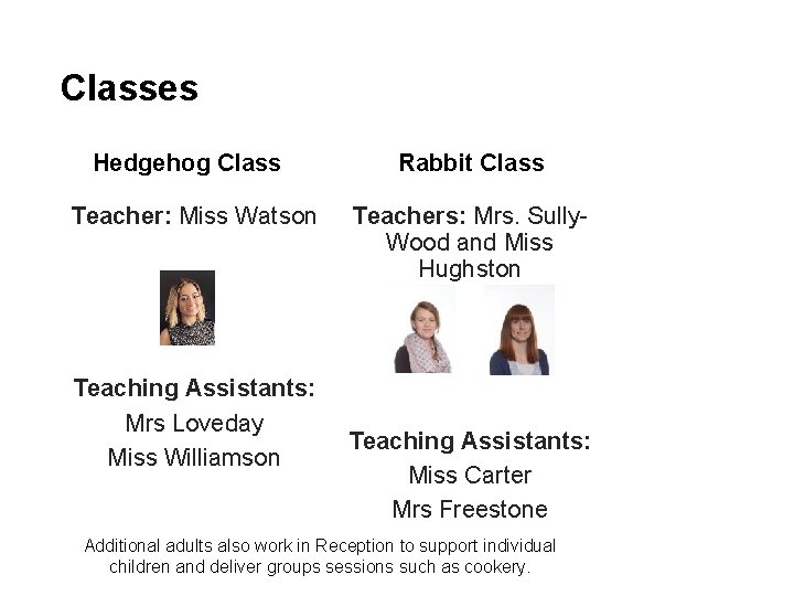 Classes Hedgehog Class Rabbit Class Teacher: Miss Watson Teachers: Mrs. Sully. Wood and Miss