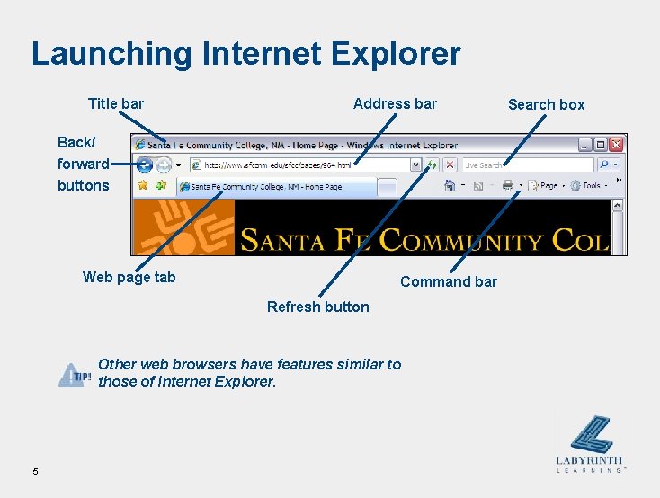 Launching Internet Explorer Title bar Address bar Back/ forward buttons Web page tab Command Launching Internet Explorer Title bar Address bar Back/ forward buttons Web page tab Command