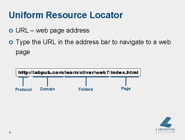 Uniform Resource Locator ¢ URL – web page address ¢ Type the URL in Uniform Resource Locator ¢ URL – web page address ¢ Type the URL in