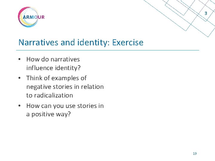 3 Narratives and identity: Exercise • How do narratives influence identity? • Think of