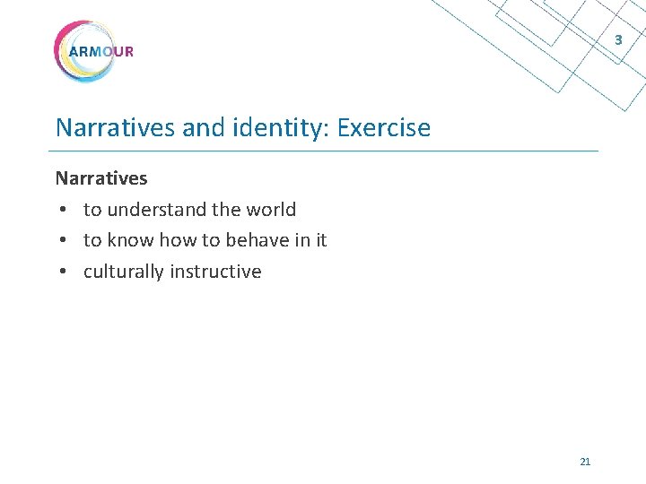 3 Narratives and identity: Exercise Narratives • to understand the world • to know