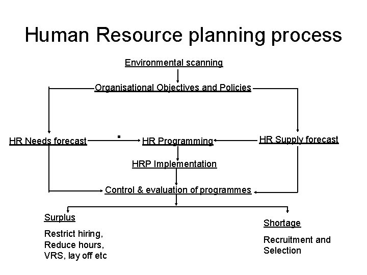 Human Resource planning process Environmental scanning Organisational Objectives and Policies HR Needs forecast HR