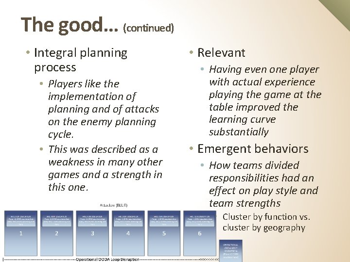 The good… (continued) • Integral planning process • Players like the implementation of planning