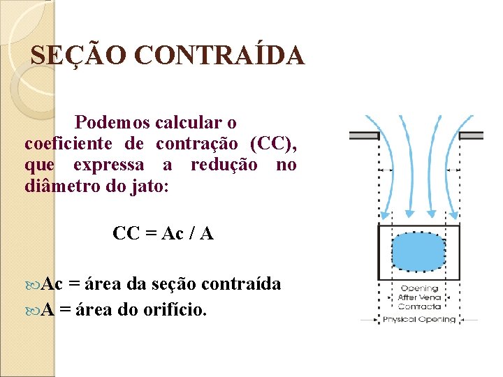 SEÇÃO CONTRAÍDA Podemos calcular o coeficiente de contração (CC), que expressa a redução no