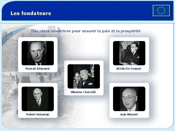 Les fondateurs Des idées novatrices pour assurer la paix et la prospérité Konrad Adenauer