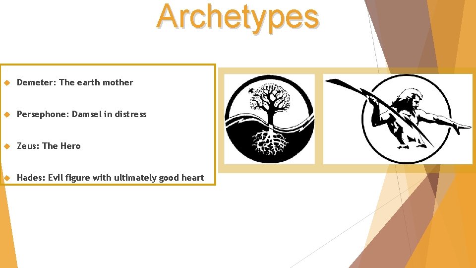 Archetypes Demeter: The earth mother Persephone: Damsel in distress Zeus: The Hero Hades: Evil