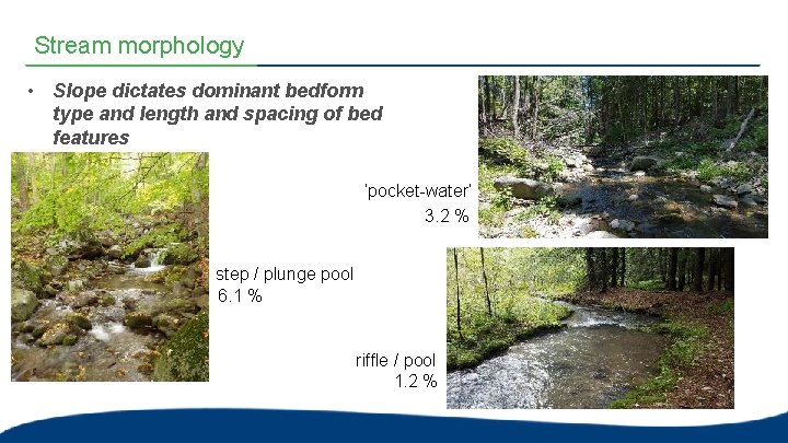 Stream morphology • Slope dictates dominant bedform type and length and spacing of bed Stream morphology • Slope dictates dominant bedform type and length and spacing of bed