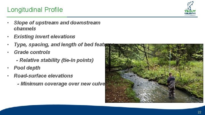 Longitudinal Profile • Slope of upstream and downstream channels • Existing invert elevations • Longitudinal Profile • Slope of upstream and downstream channels • Existing invert elevations •