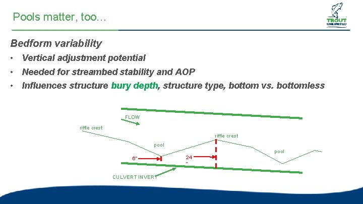 Pools matter, too… Bedform variability • Vertical adjustment potential • Needed for streambed stability Pools matter, too… Bedform variability • Vertical adjustment potential • Needed for streambed stability