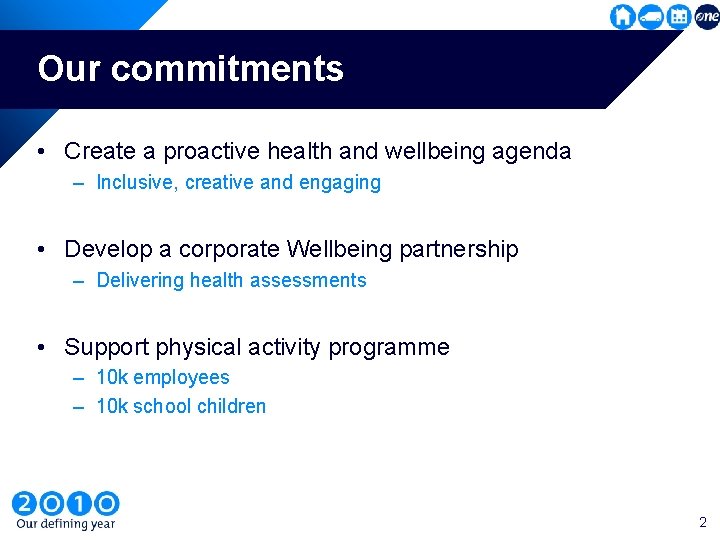 Our commitments • Create a proactive health and wellbeing agenda – Inclusive, creative and