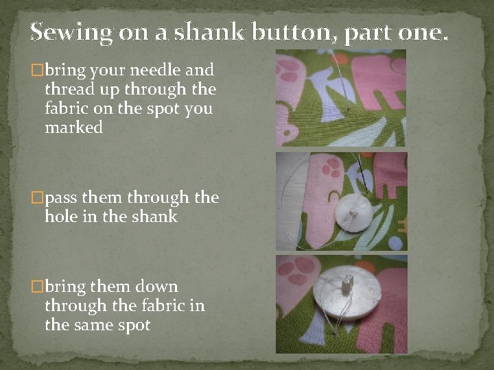 Sewing on a shank button, part one. �bring your needle and thread up through