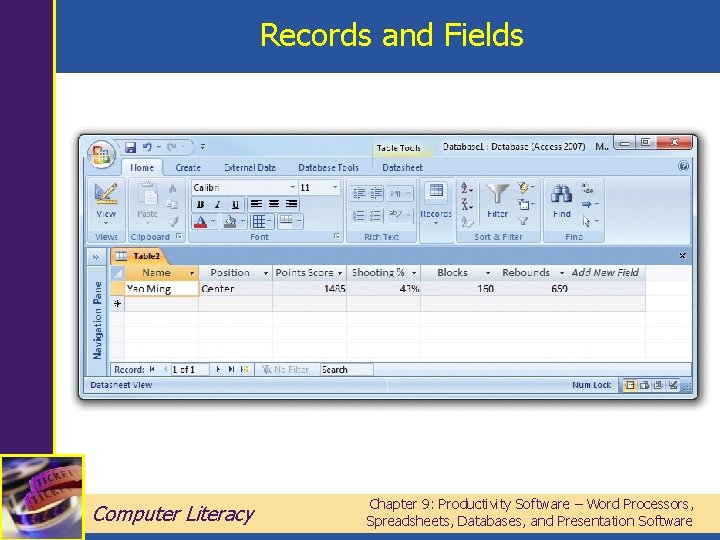 Records and Fields Computer Literacy Chapter 9: Productivity Software – Word Processors, Spreadsheets, Databases,