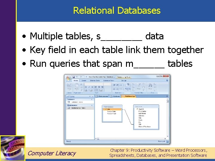 Relational Databases • Multiple tables, s____ data • Key field in each table link