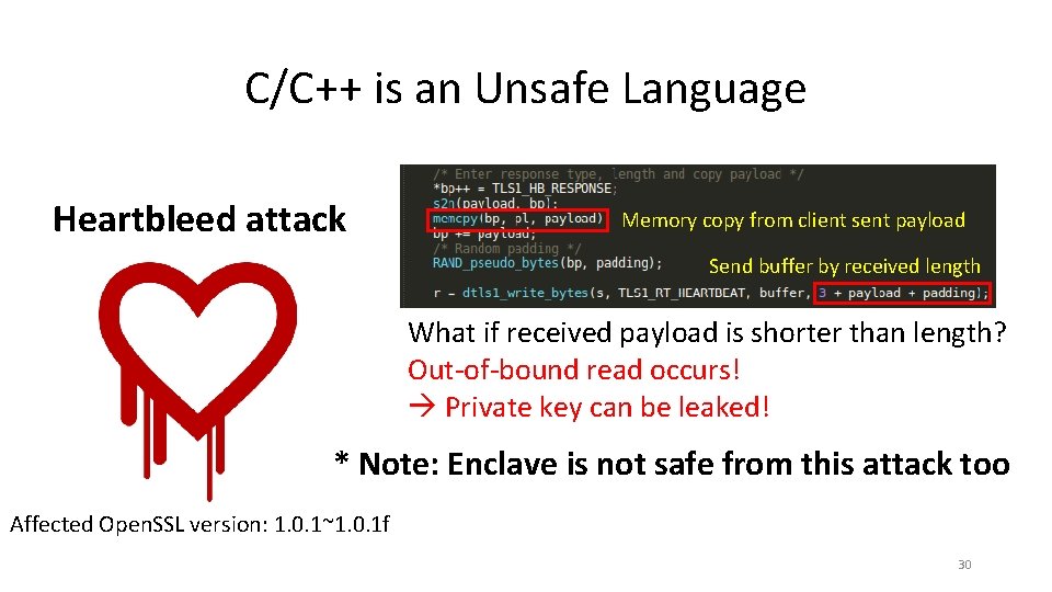 C/C++ is an Unsafe Language Heartbleed attack Memory copy from client sent payload Send