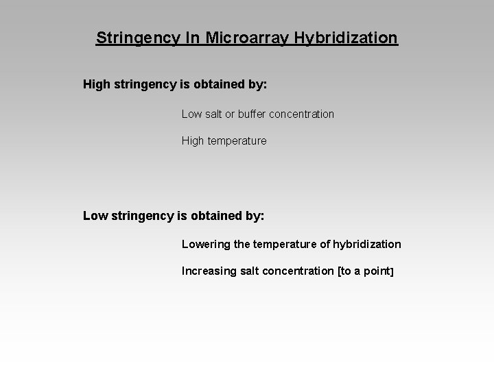 Stringency In Microarray Hybridization High stringency is obtained by: Low salt or buffer concentration