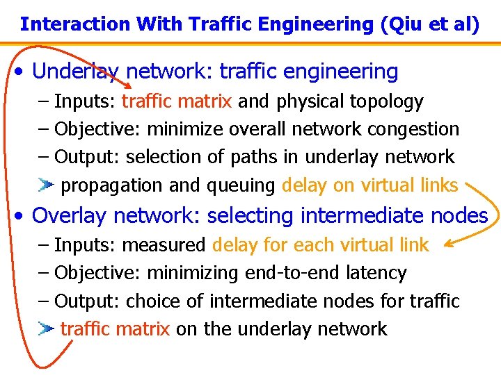 Interaction With Traffic Engineering (Qiu et al) • Underlay network: traffic engineering – Inputs: