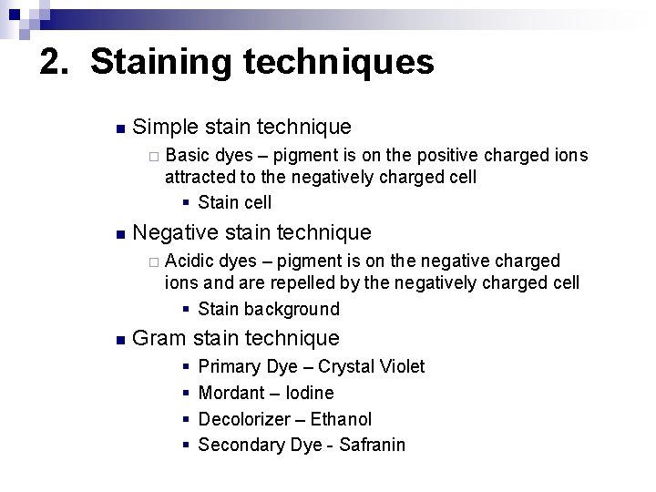 2. Staining techniques n Simple stain technique ¨ n Negative stain technique ¨ n