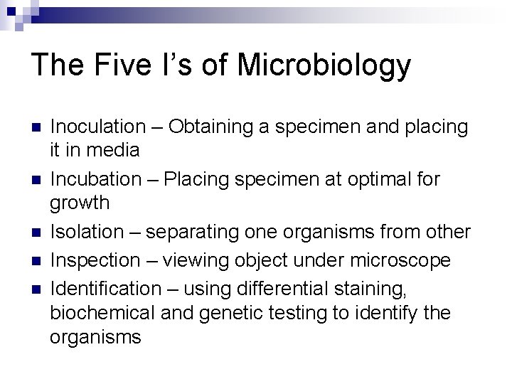 The Five I’s of Microbiology n n n Inoculation – Obtaining a specimen and
