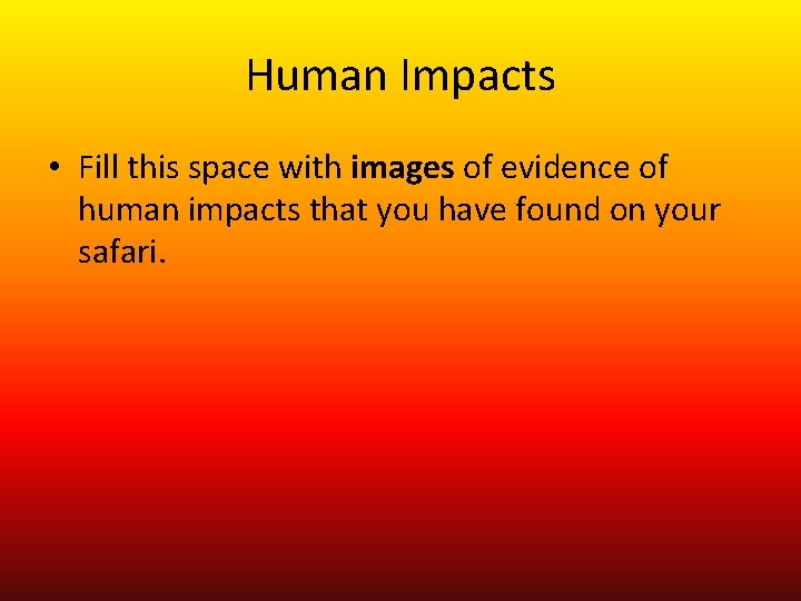 Human Impacts • Fill this space with images of evidence of human impacts that