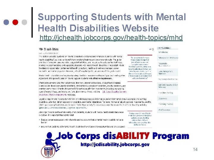 Supporting Students with Mental Health Disabilities Website http: //jchealth. jobcorps. gov/health-topics/mhd 14 