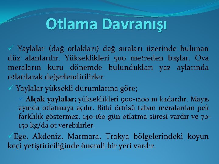 Otlama Davranışı ü Yaylalar (dağ otlakları) dağ sıraları üzerinde bulunan düz alanlardır. Yükseklikleri 500