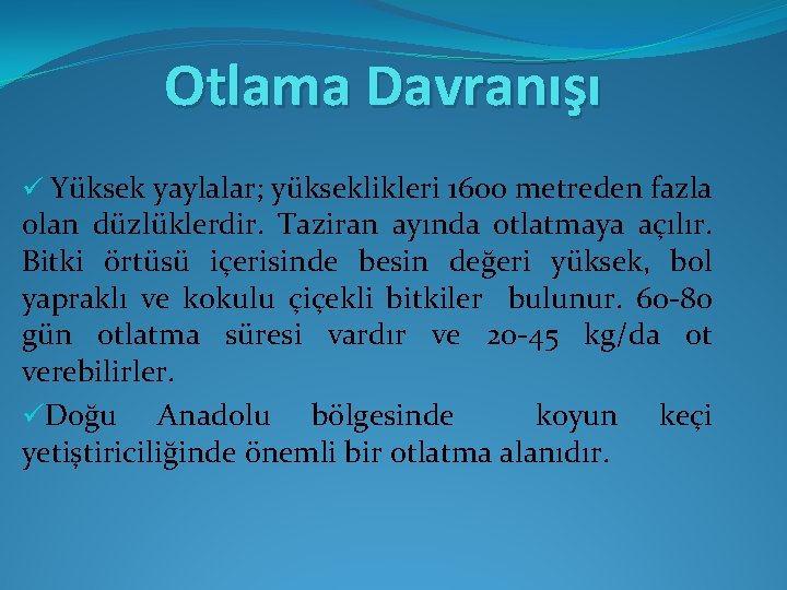 Otlama Davranışı ü Yüksek yaylalar; yükseklikleri 1600 metreden fazla olan düzlüklerdir. Taziran ayında otlatmaya