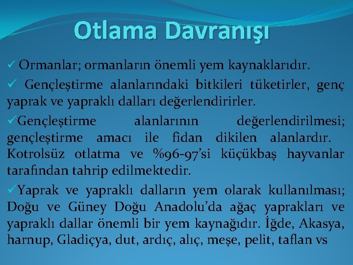 Otlama Davranışı ü Ormanlar; ormanların önemli yem kaynaklarıdır. ü Gençleştirme alanlarındaki bitkileri tüketirler, genç