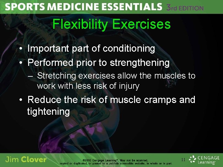 Flexibility Exercises • Important part of conditioning • Performed prior to strengthening – Stretching