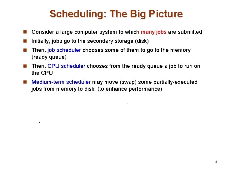 Scheduling: The Big Picture n Consider a large computer system to which many jobs